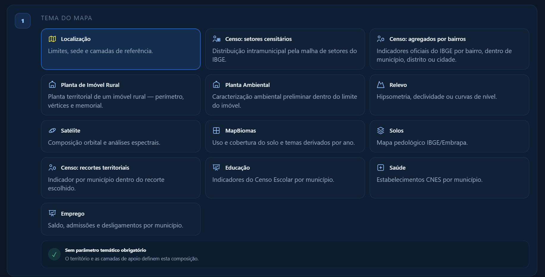 Interface real do GeraMAP mostrando o tema Localização selecionado no painel de temas