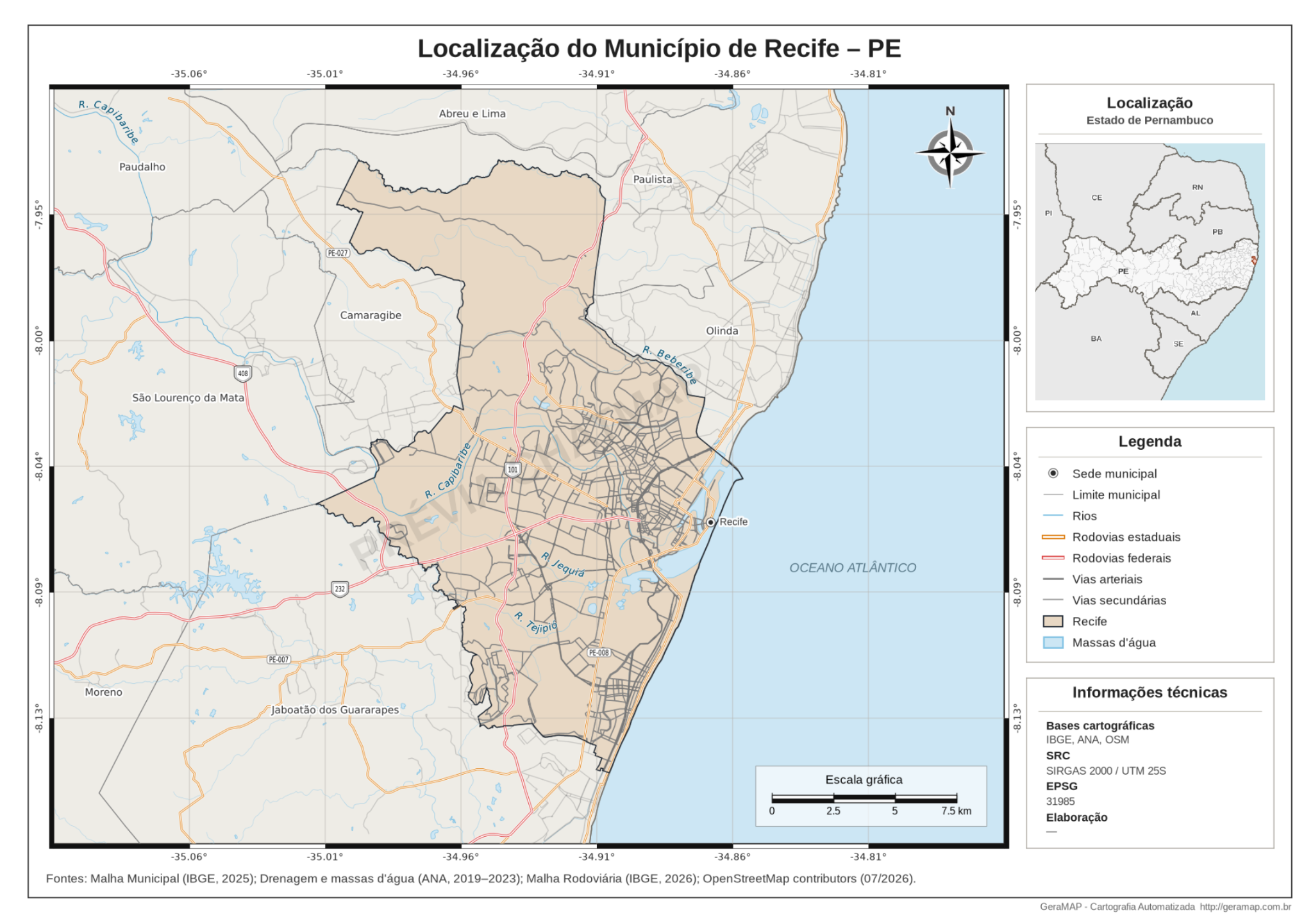 Mapa de Localização do Município de Recife em Pernambuco gerado pelo GeraMAP