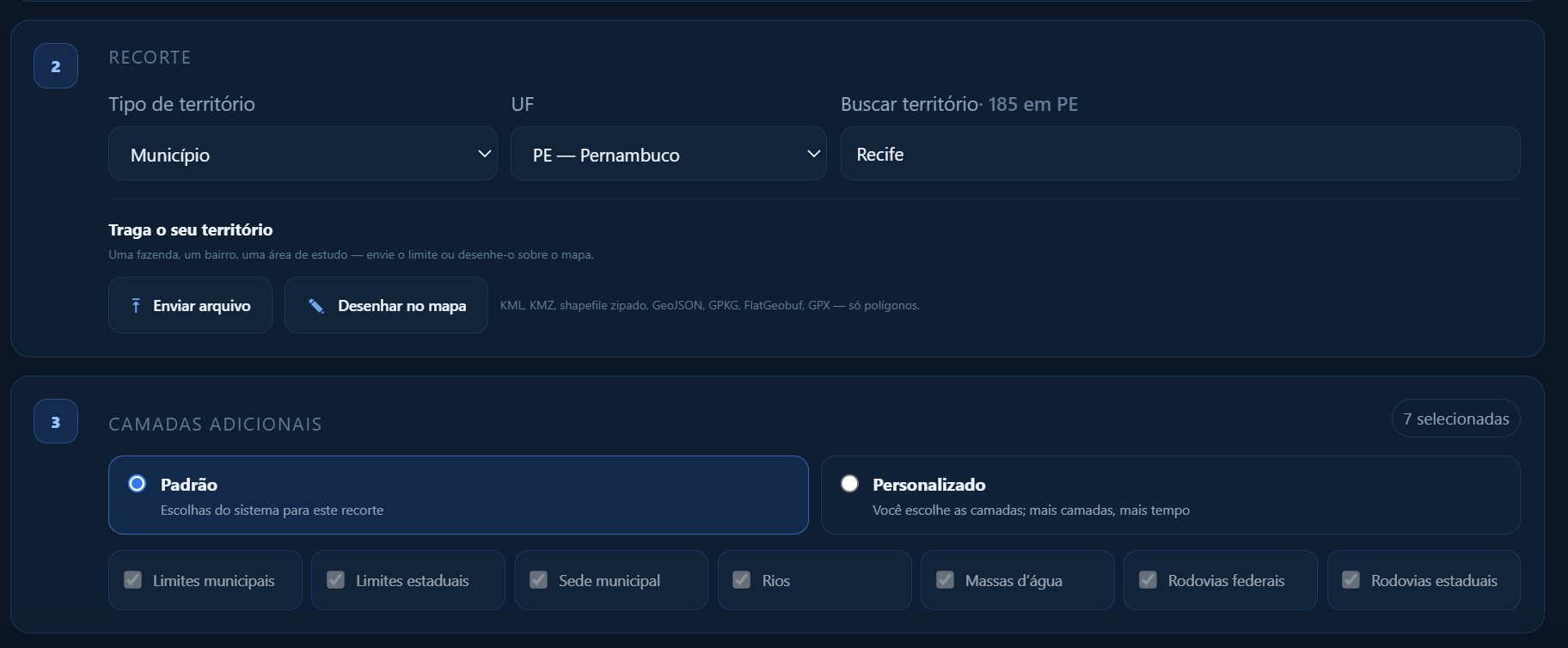 Interface real do GeraMAP mostrando a seleção do recorte territorial e das camadas adicionais do mapa