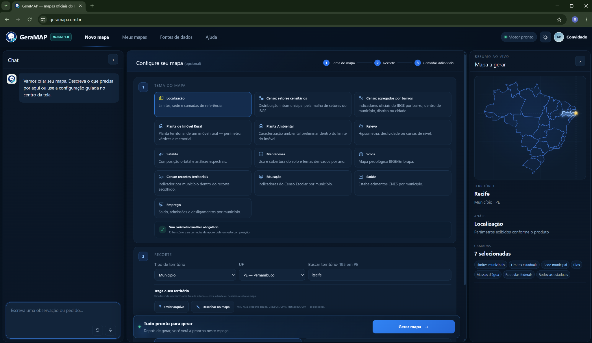 Interface real do GeraMAP para configurar um mapa de localização