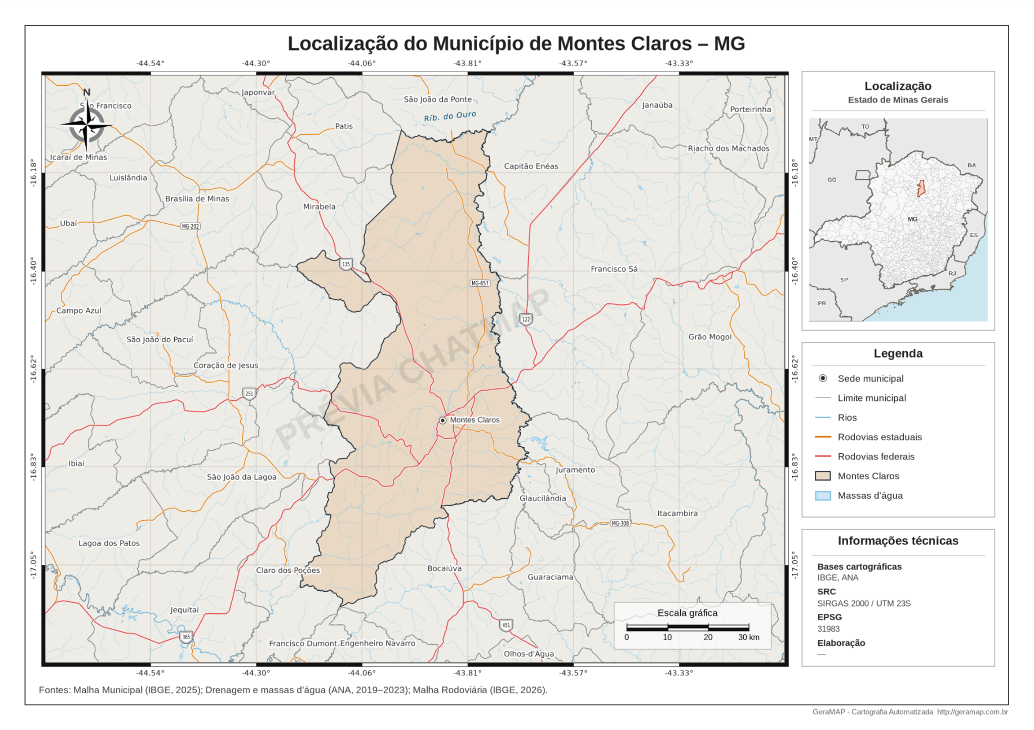 Mapa de localização real do município de Montes Claros em Minas Gerais gerado pelo GeraMAP