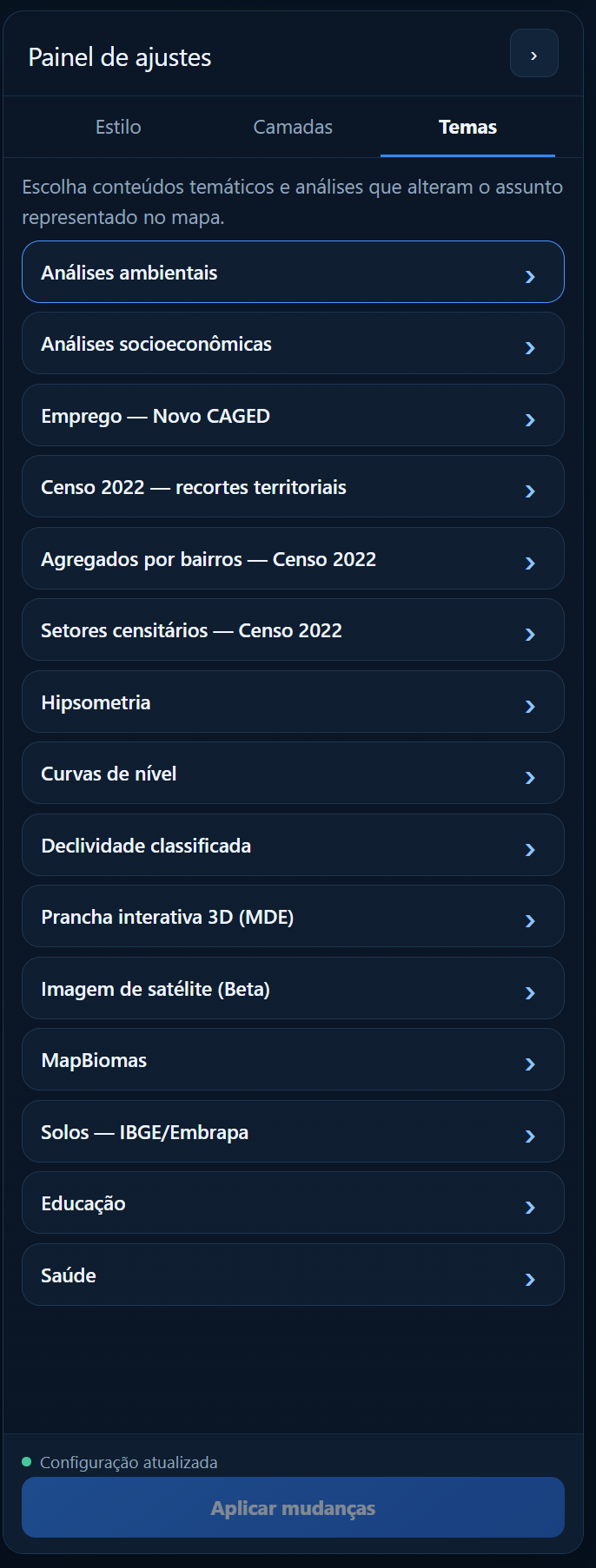 Interface real do painel de ajustes do GeraMAP na aba Temas