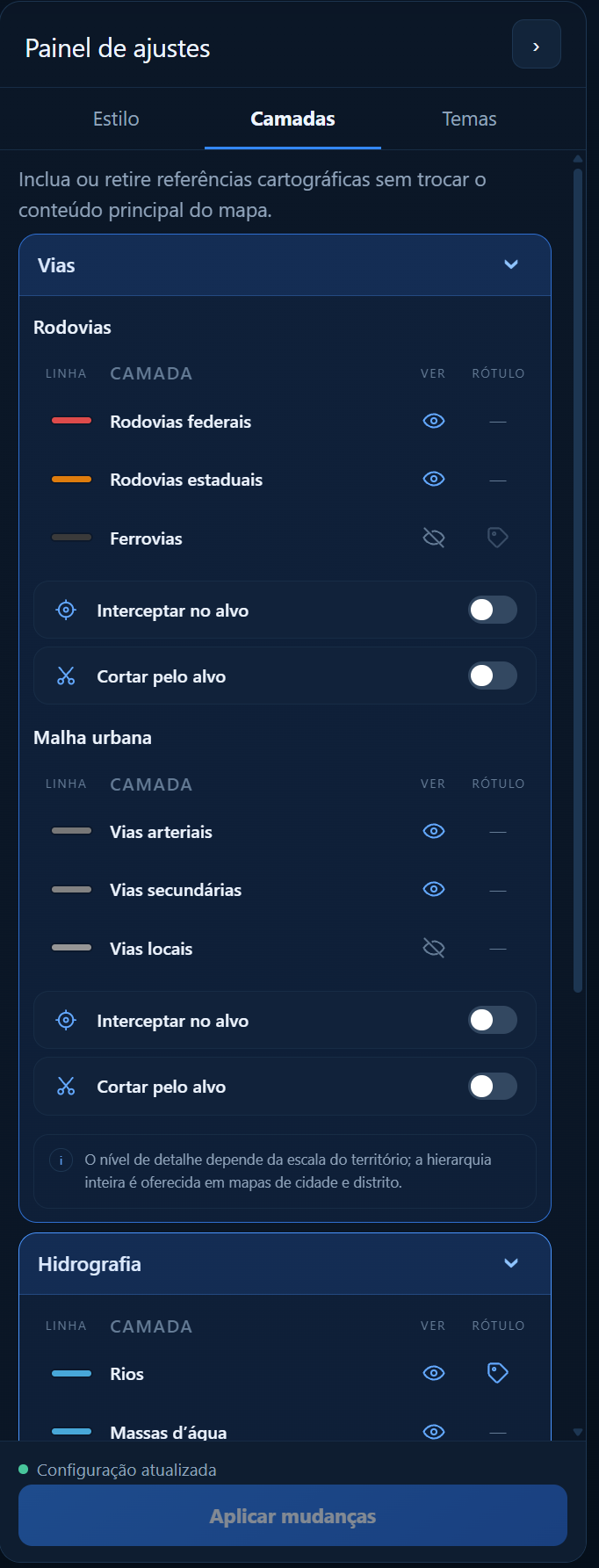Interface real do painel de ajustes do GeraMAP na aba Camadas