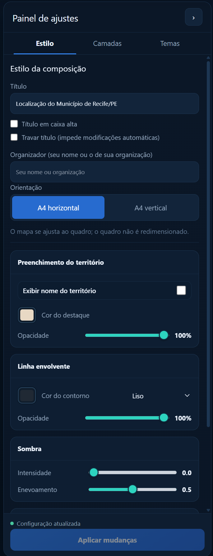 Interface real do painel de ajustes do GeraMAP na aba Estilo