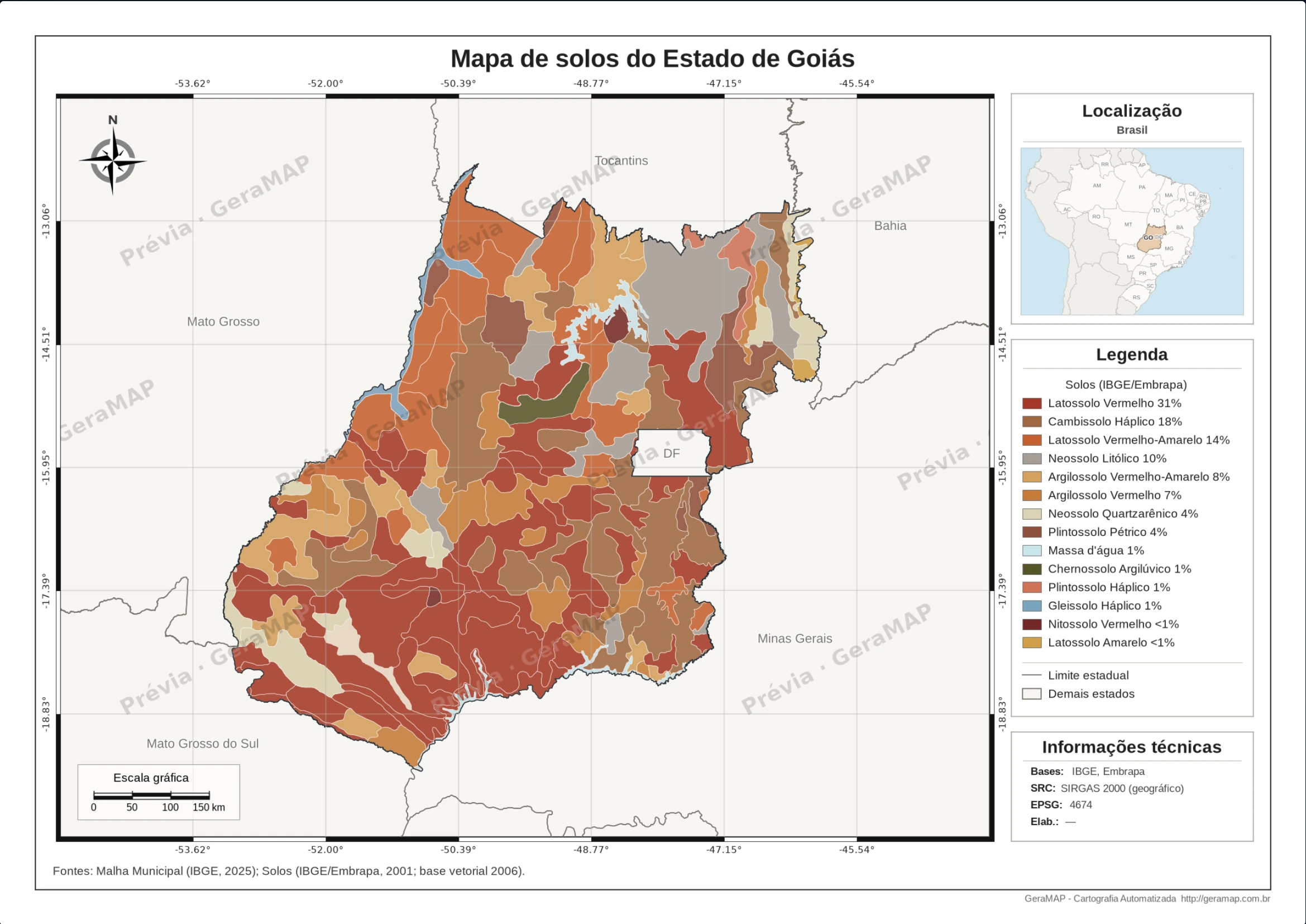Mapa de solos do estado de Goiás gerado no GeraMap, com classes coloridas, legenda e encarte de localização.