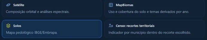 Cartão Solos selecionado entre os temas do GeraMap.