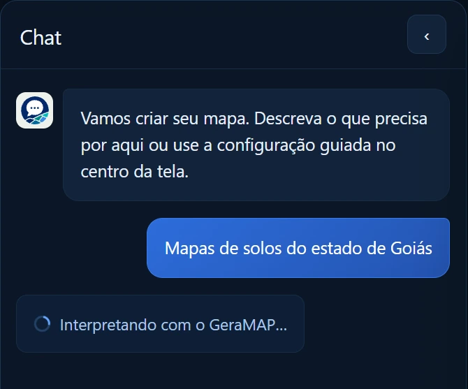 Pedido Mapas de solos do estado de Goiás enviado ao chat do GeraMap, durante a interpretação.